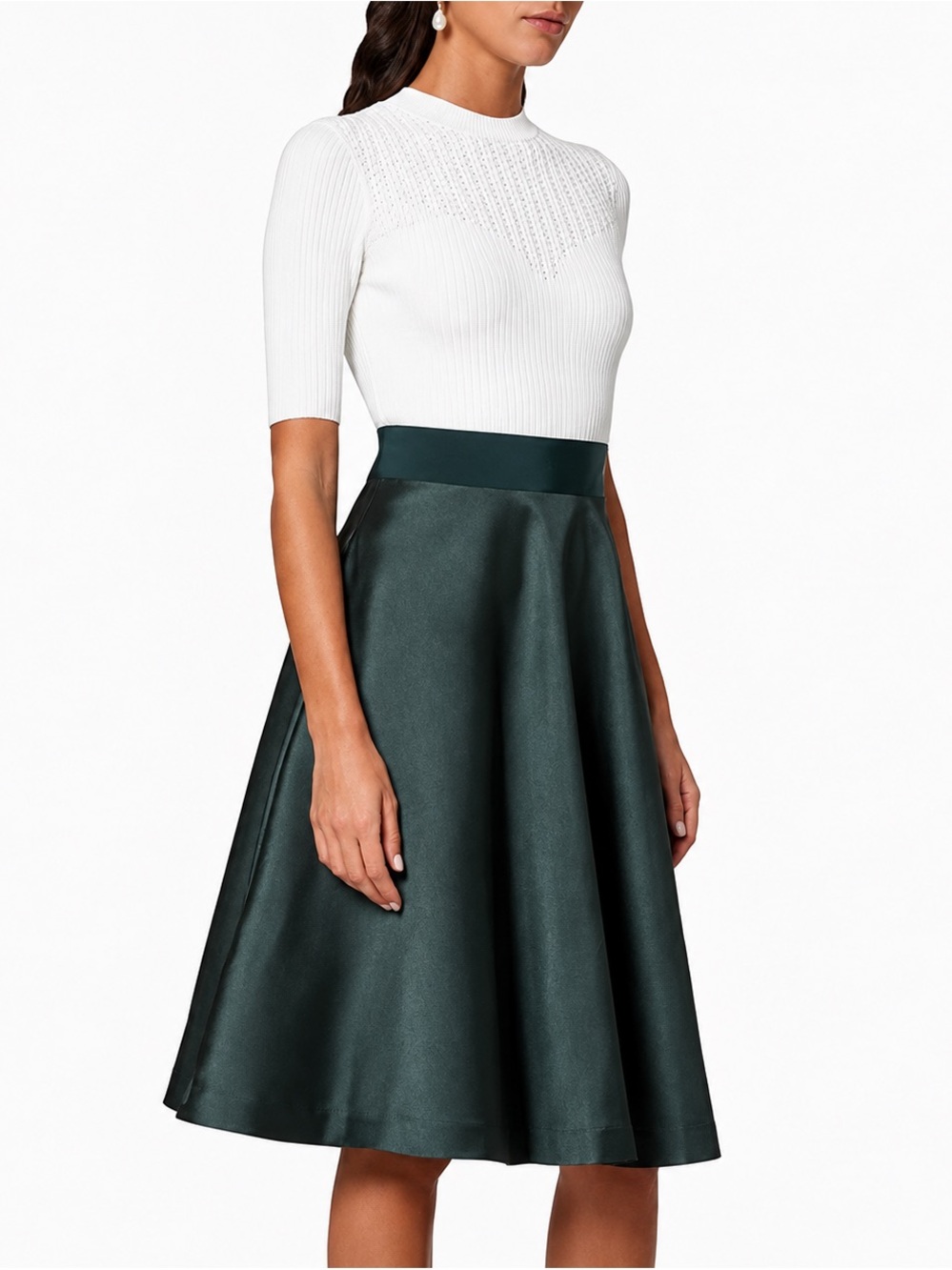 Ted Baker Betsiyy Dress Size 2 White Knit Green Satin Fit Flare Holiday Midi